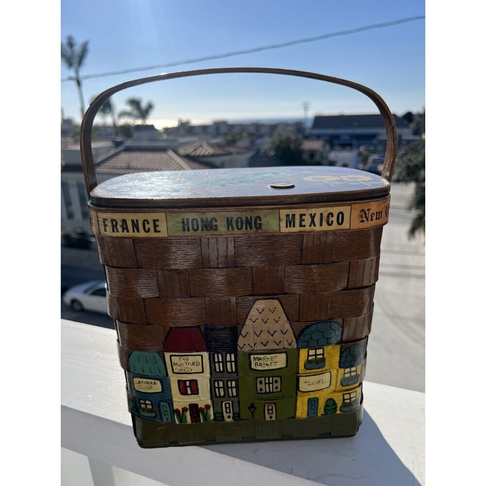 Vintage 80s 1982 Caro-Nan wooden handpainted basket purse California boho hippie - Picture 7 of 16